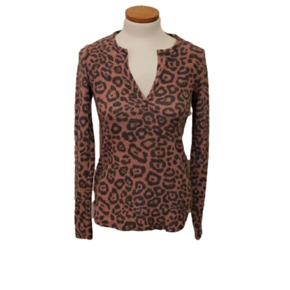 Socialite Womens Rust Black Leopard‎ Print Split Neck Ribbed Top Small